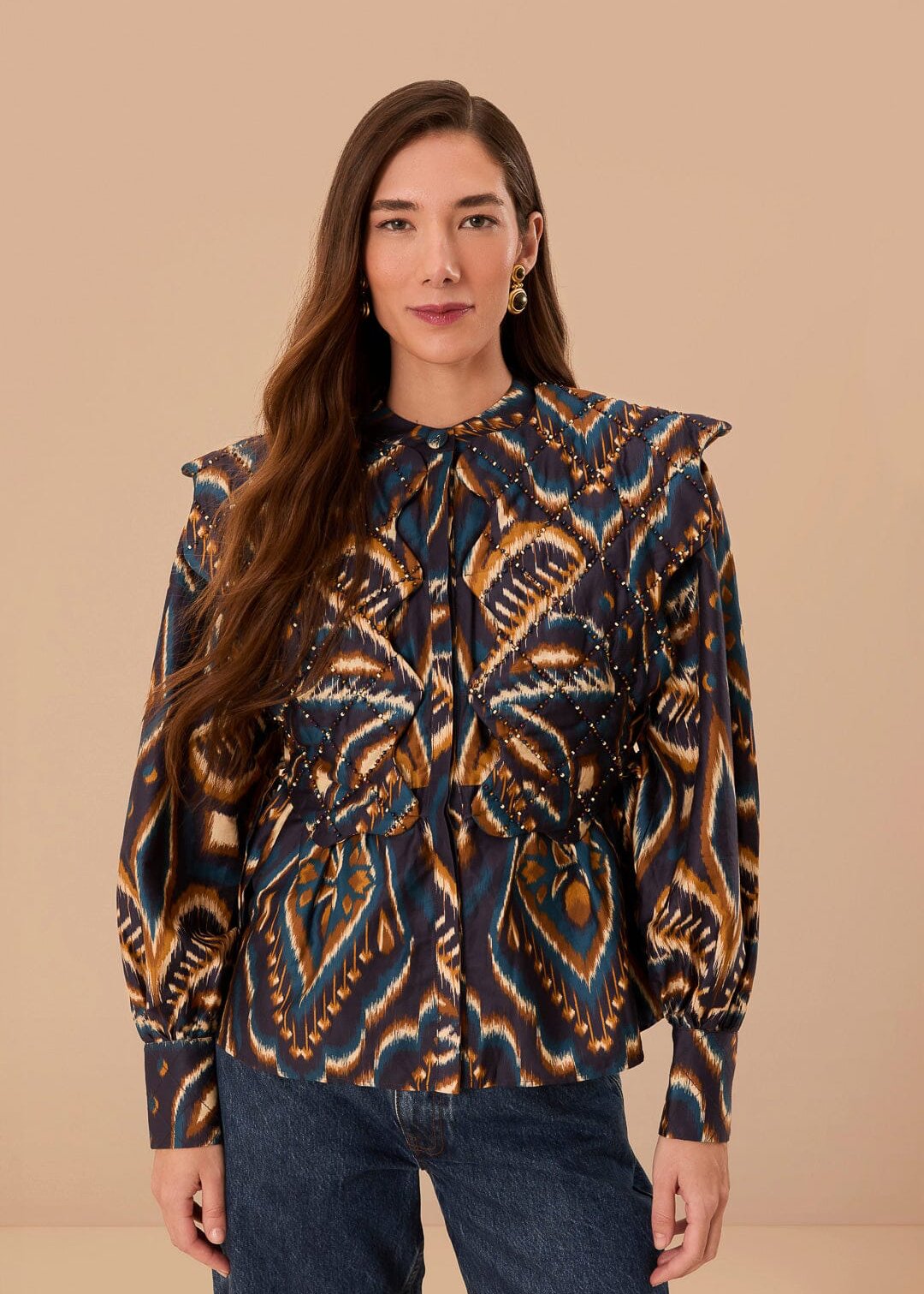 Pineapple Ikat Blue Long Sleeve Matelasse Blouse