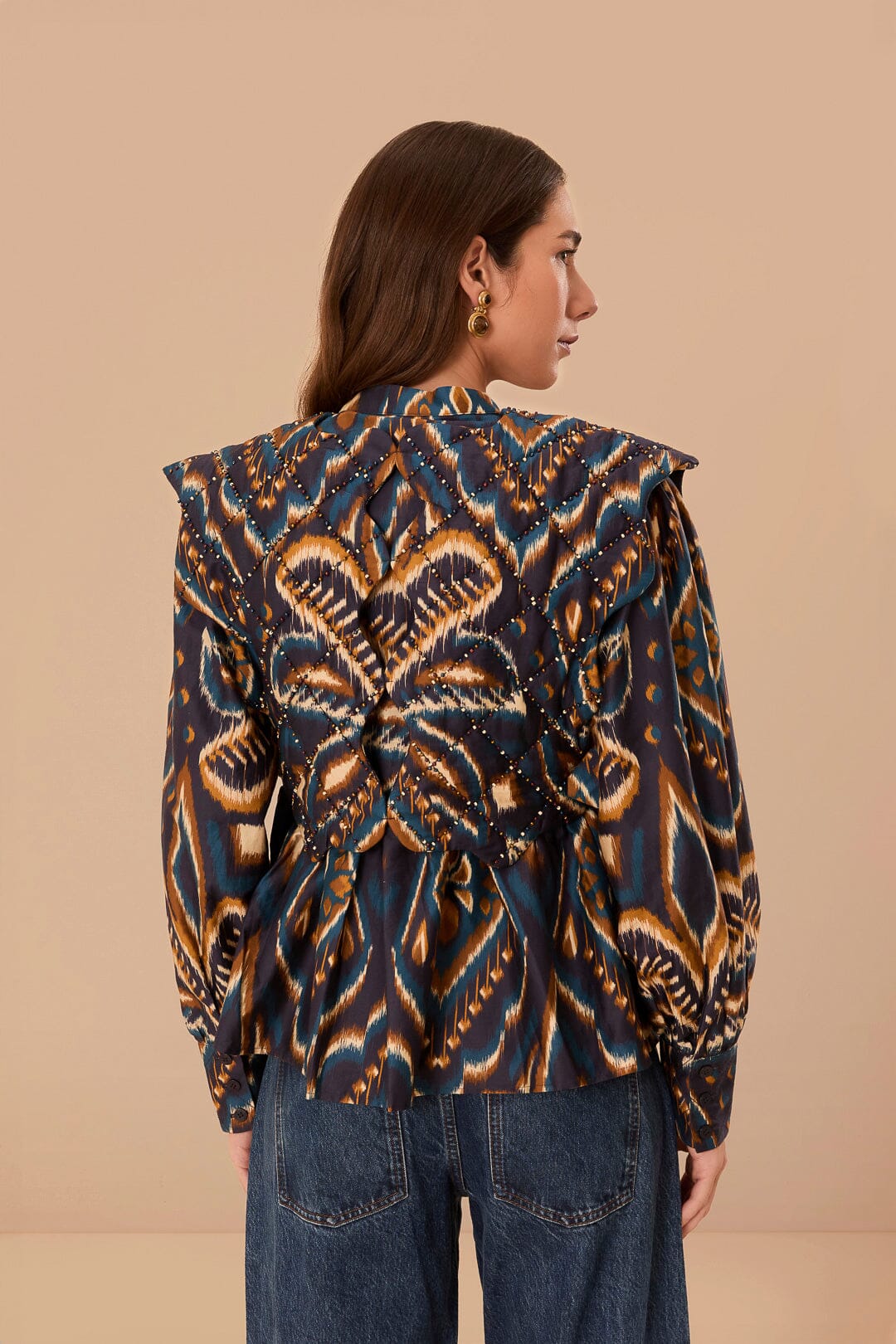 Pineapple Ikat Blue Long Sleeve Matelasse Blouse