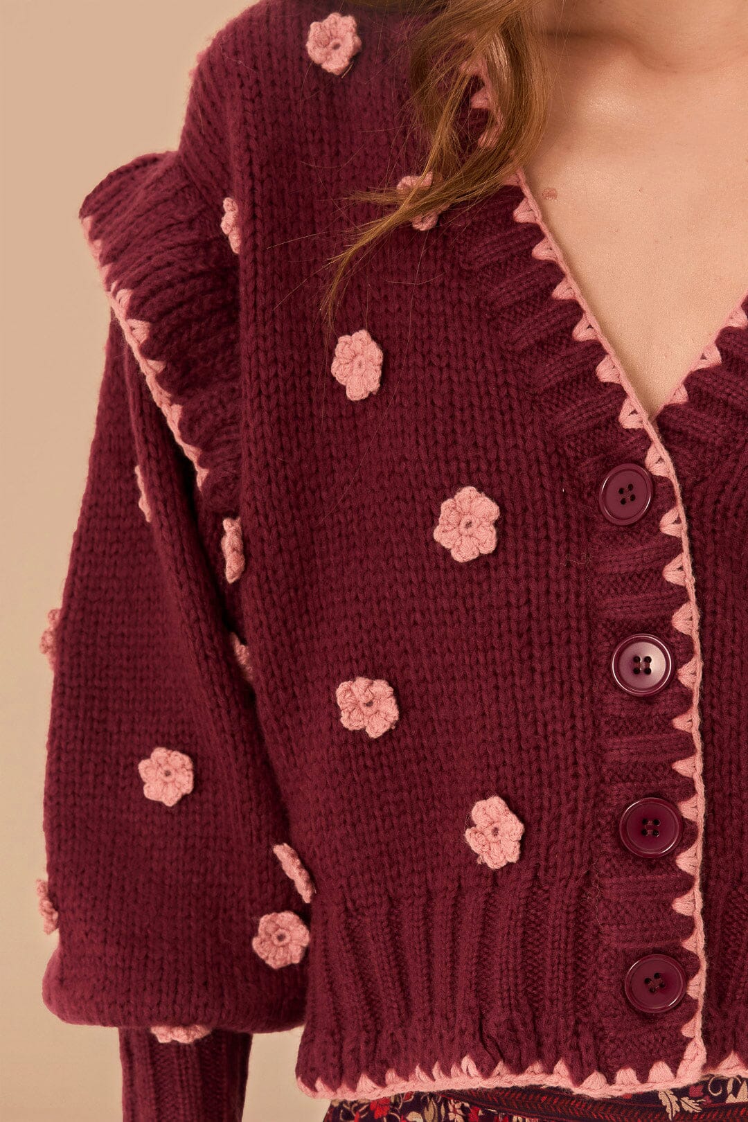 Burgundy Crochet Flowers Knit Cardigan