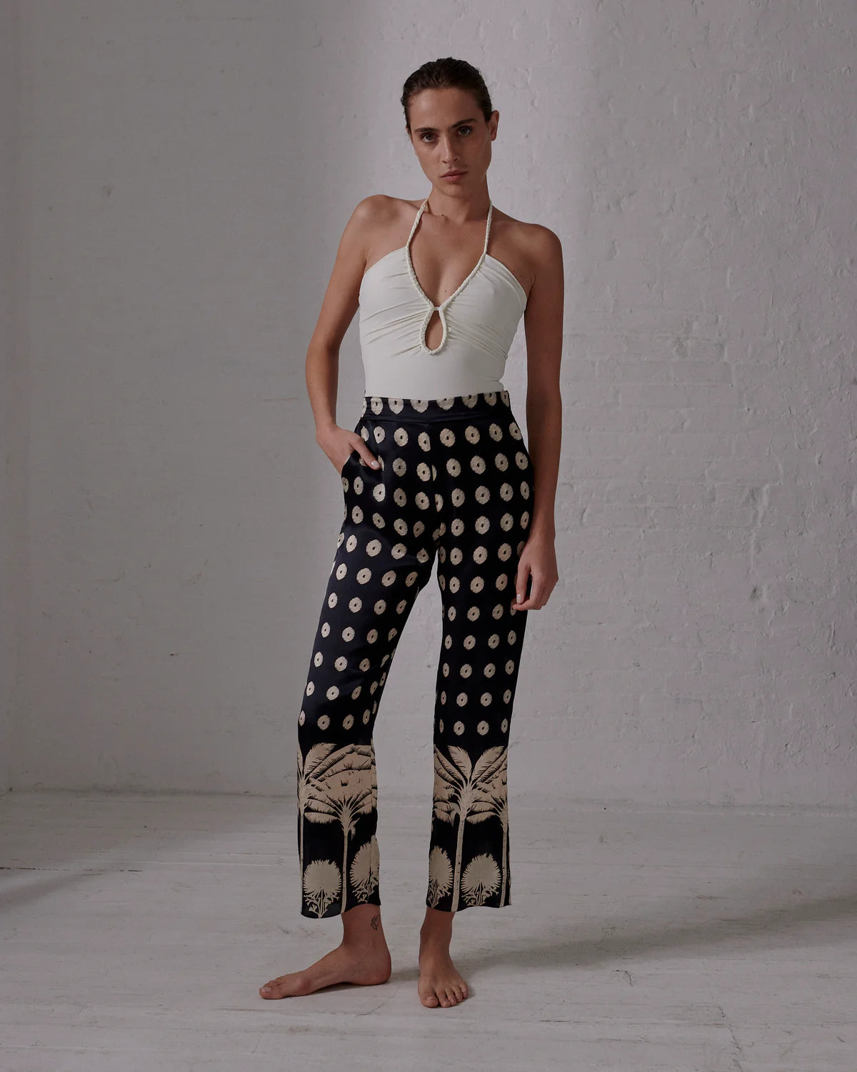 Juan de Dios-Santo Tomas Satin Silk Pants / Black Mini Palms Cream-Justbrazil