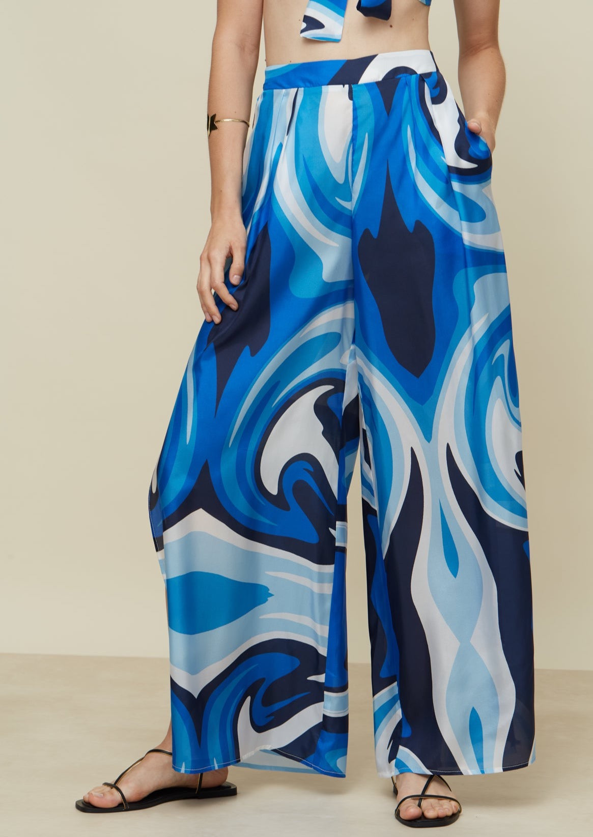 GALERIA-SCARF LIQUID BLUE SILK PANTS-JUST BRAZIL