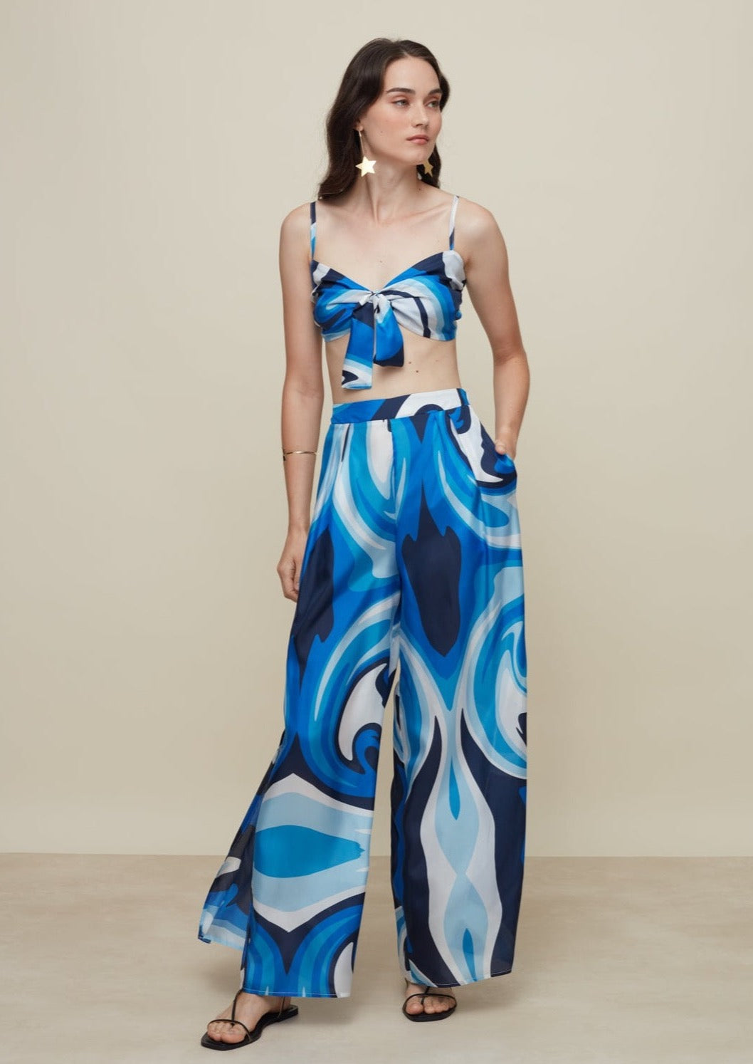 GALERIA-SCARF LIQUID BLUE SILK PANTS-JUST BRAZIL