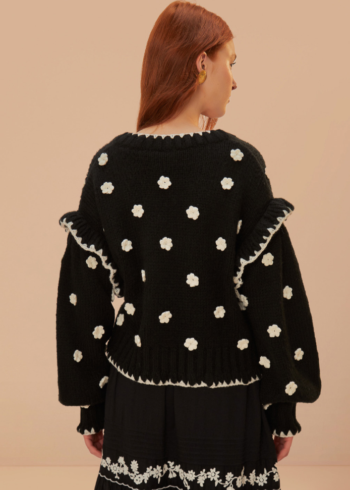 Black & White Flowers Knit Cardigan