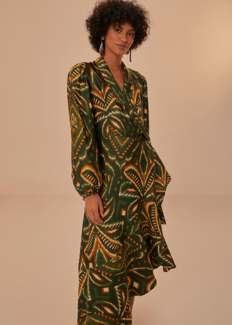 Pineapple Ikat Green Long Sleeve Midi Dress