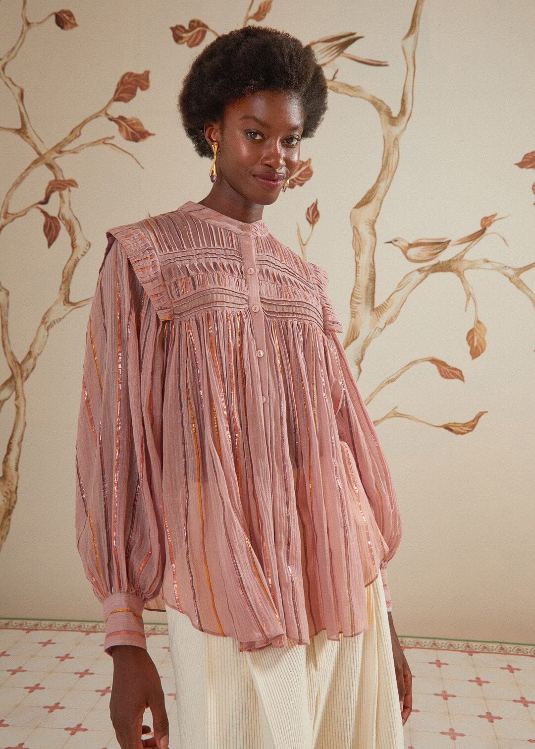 Light Pink Pleated Yoke Long Sleeve Blouse