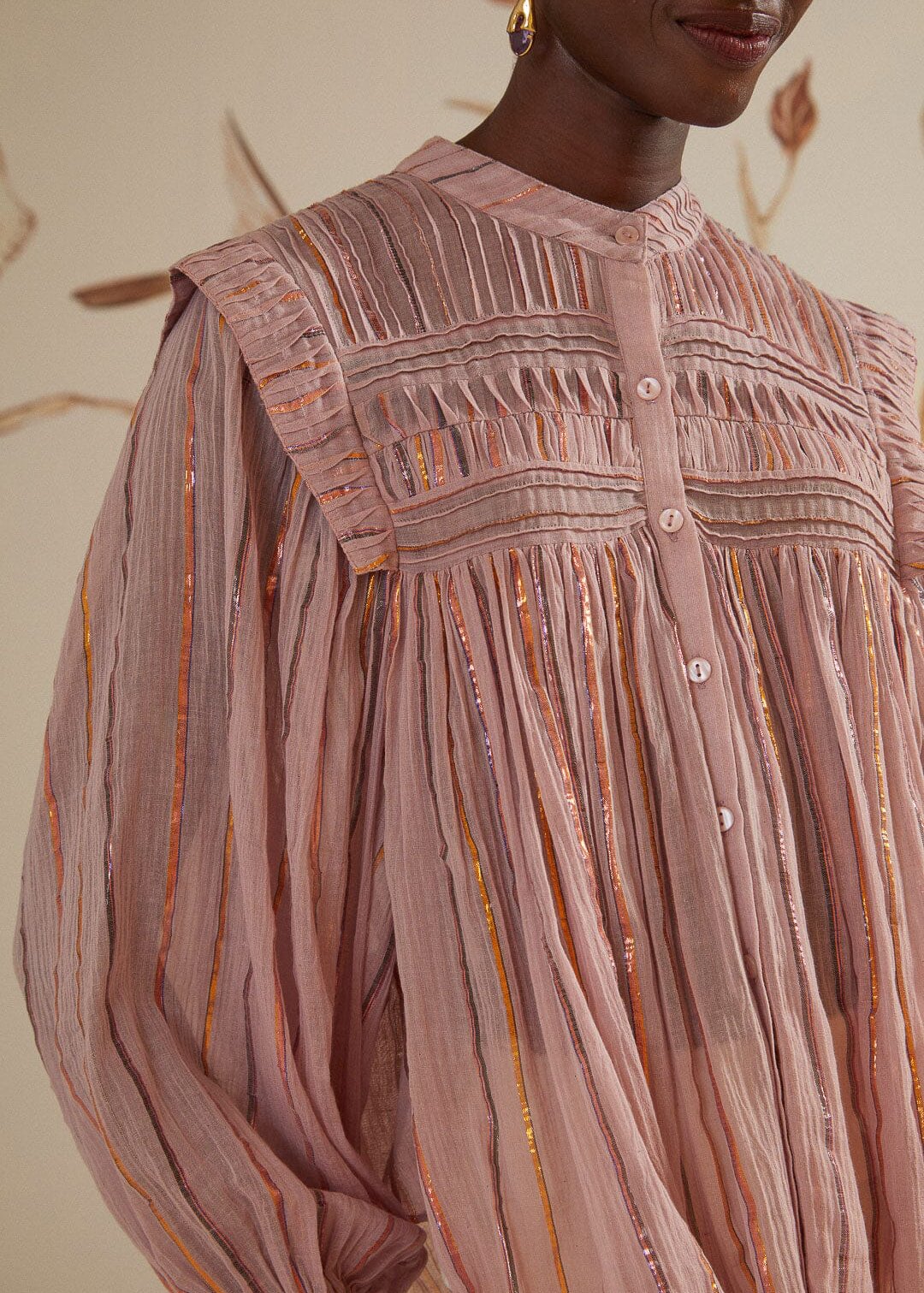 Light Pink Pleated Yoke Long Sleeve Blouse