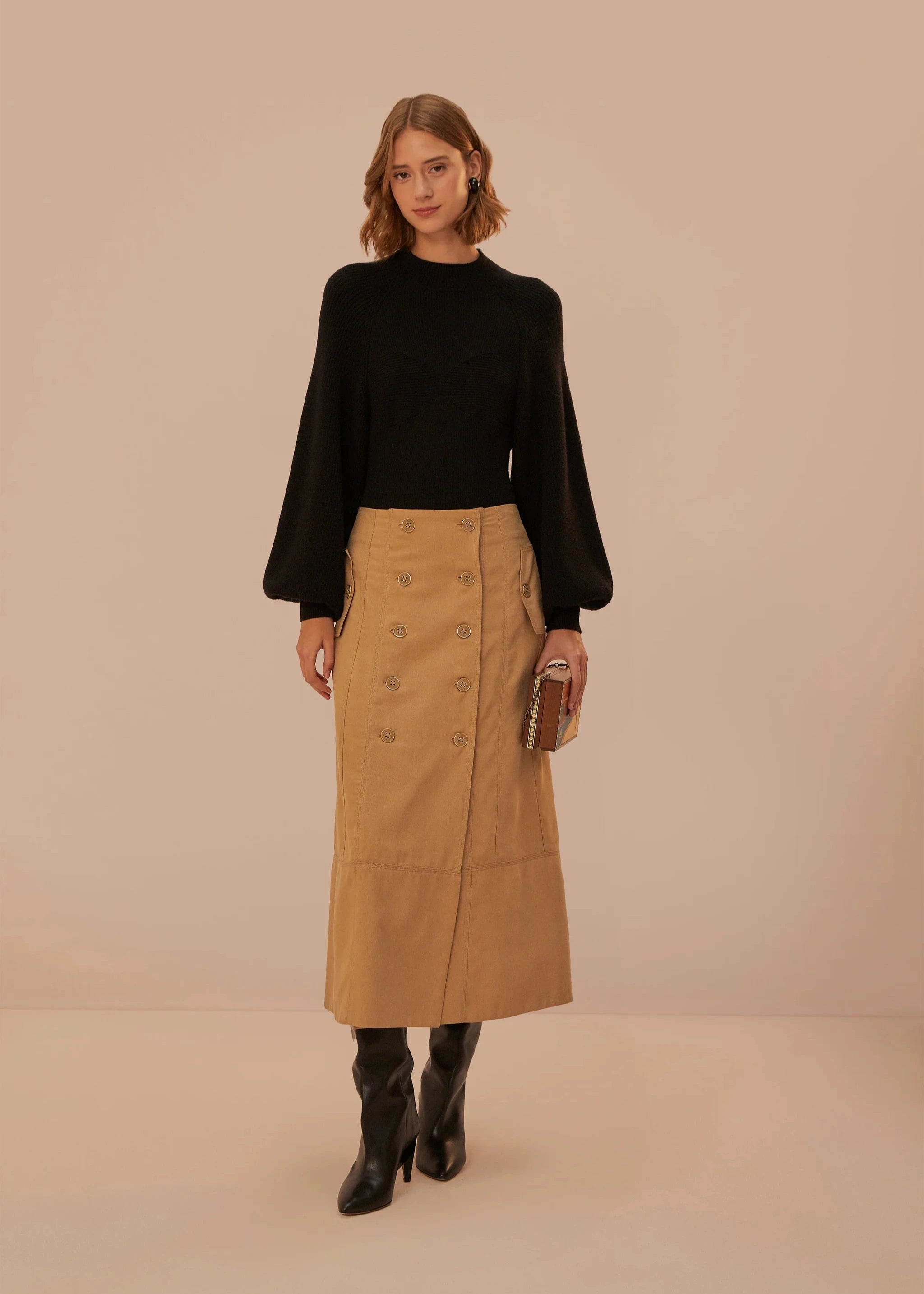 Brown Yoked Midi Skirt