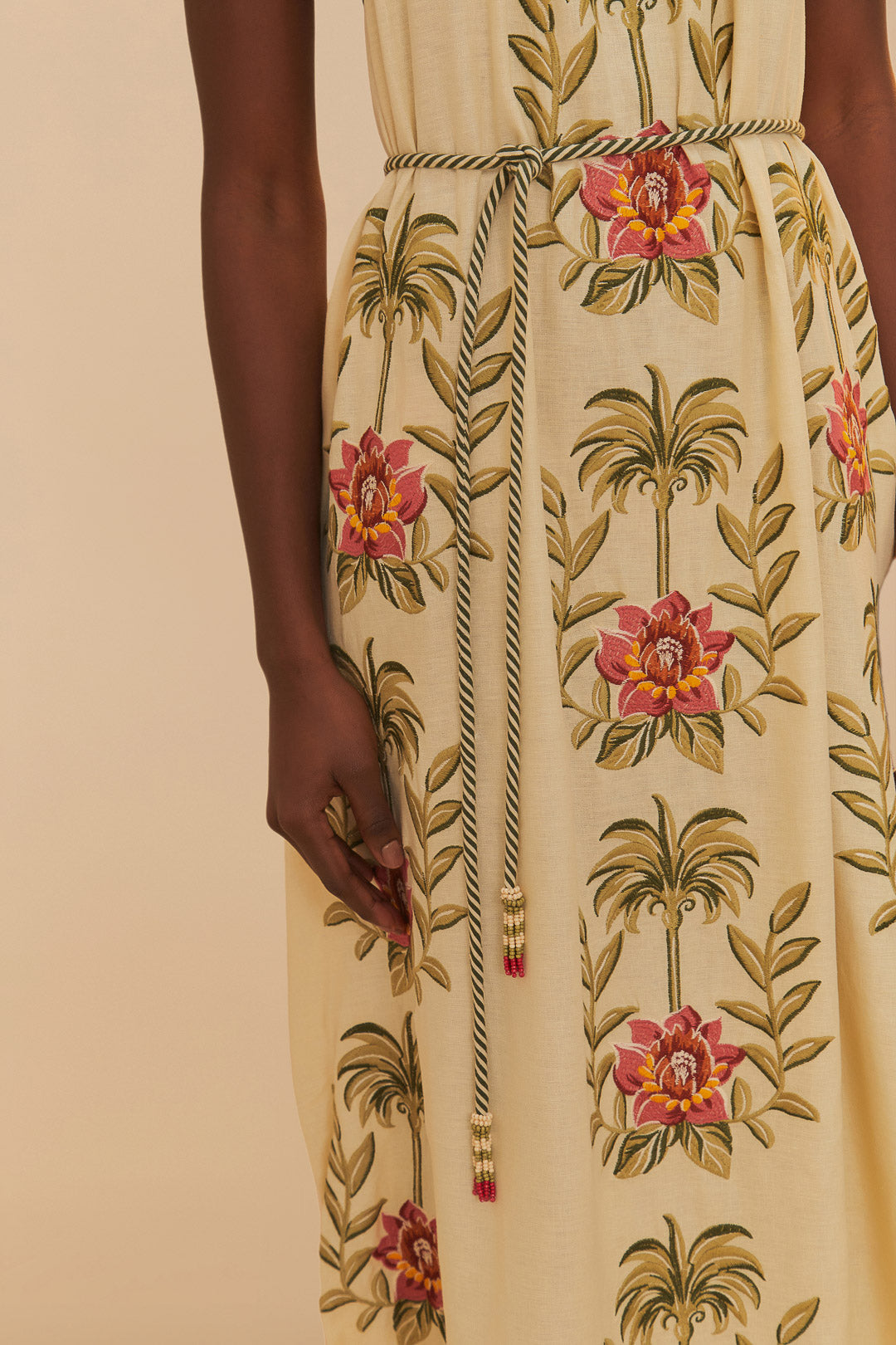 Tropical Flower Embroidered Sand Maxi Dress