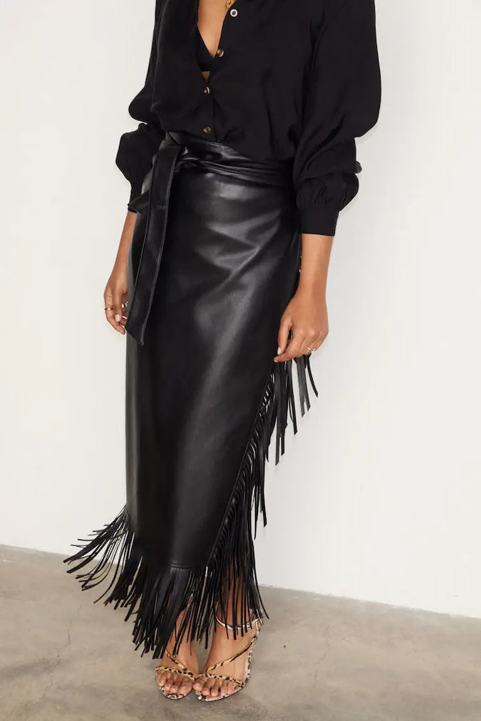 Black Vegan Leather Fringe Jaspre Skirt