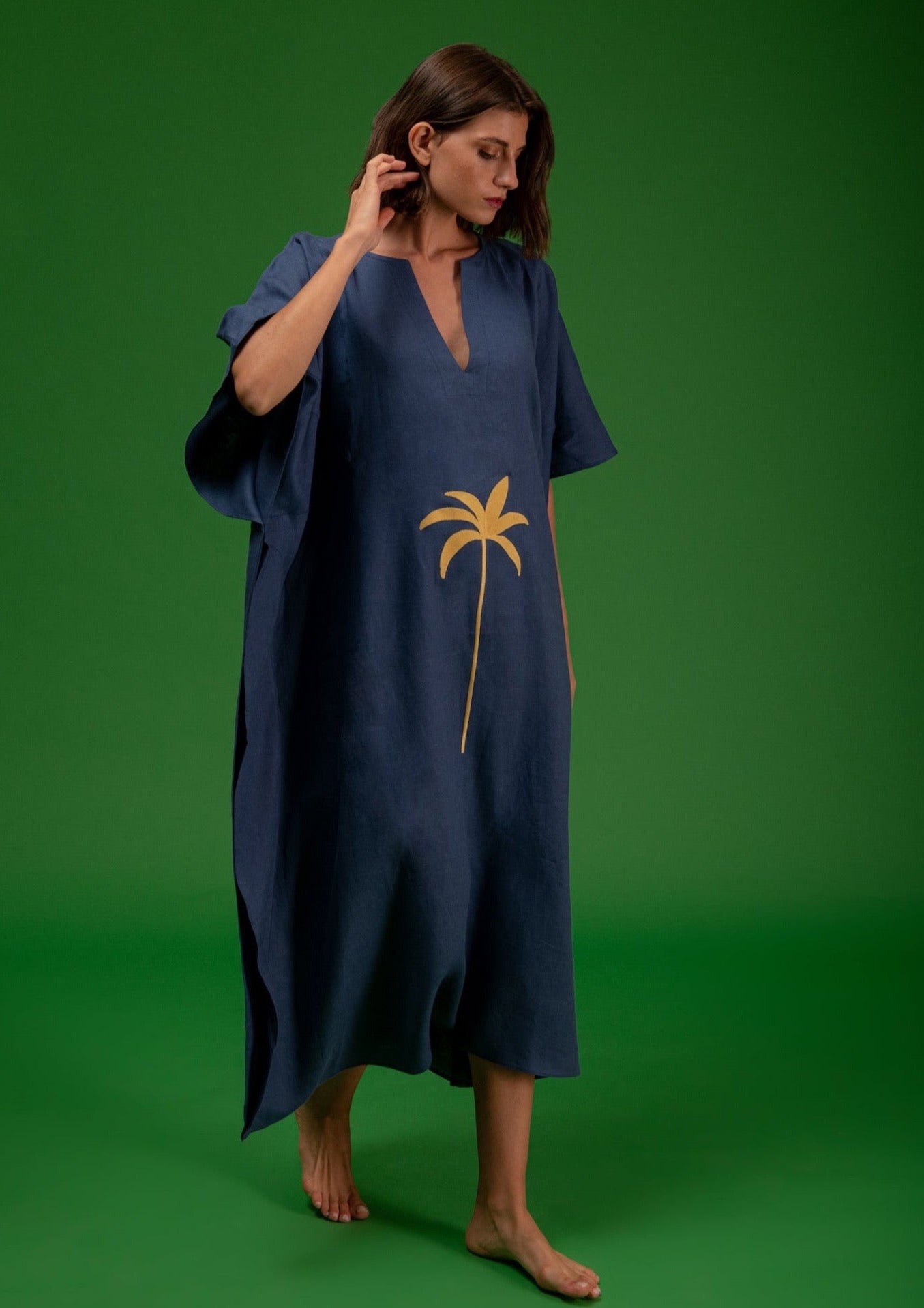 Galeria-Santos Navy Blue Palm Kaftan-Justbrazil