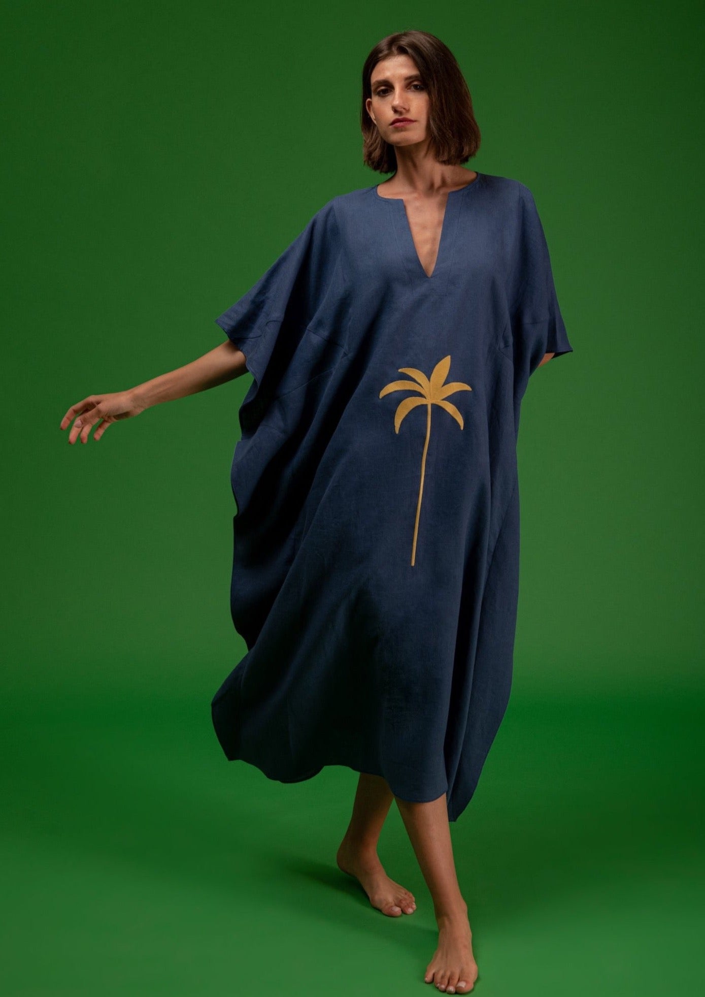 Galeria-Santos Navy Blue Palm Kaftan-Justbrazil