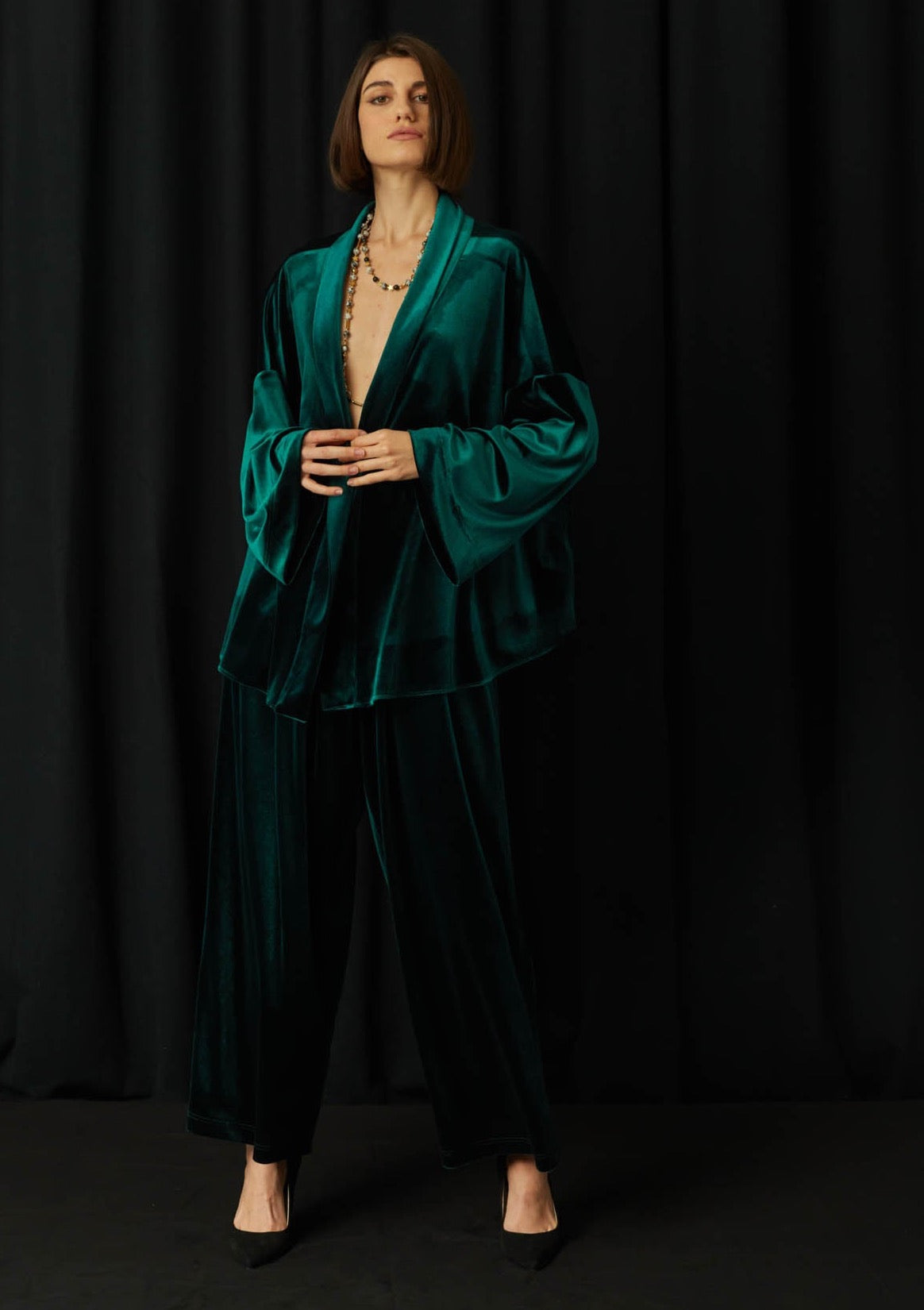 Plus Size Green Wide Leg Velvet Trousers | Yours Clothing